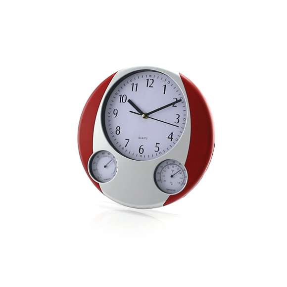 Reloj analógico de pared de diseño circular, con termómetro e higrómetro integrados. Alimentación a pila: tipo AA no incluida y presentado en caja individual.