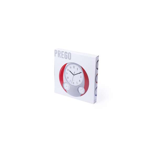 Reloj analógico de pared de diseño circular, con termómetro e higrómetro integrados. Alimentación a pila: tipo AA no incluida y presentado en caja individual.