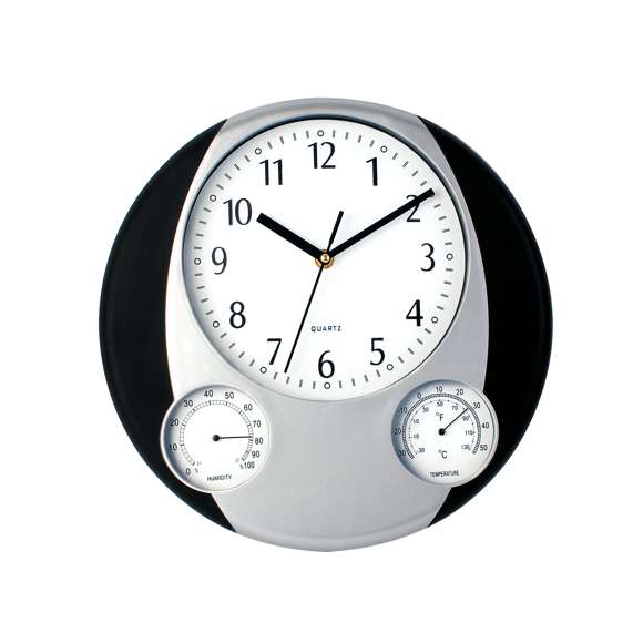 Reloj analógico de pared de diseño circular, con termómetro e higrómetro integrados. Alimentación a pila: tipo AA no incluida y presentado en caja individual.