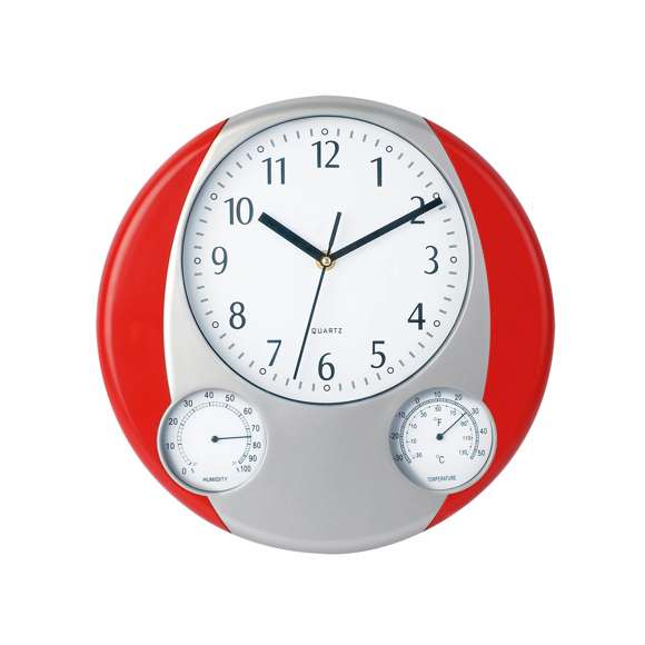 Reloj analógico de pared de diseño circular, con termómetro e higrómetro integrados. Alimentación a pila: tipo AA no incluida y presentado en caja individual.