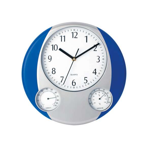 Reloj analógico de pared de diseño circular, con termómetro e higrómetro integrados. Alimentación a pila: tipo AA no incluida y presentado en caja individual.