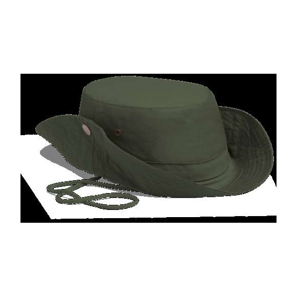 Gorro tipo safari en material 100% algodón. De confortable interior y con orificios de ventilación laterales reforzados con argollas metálicas. Ala ajustable con cierres de corchete metálicos y cordón de transporte a juego.