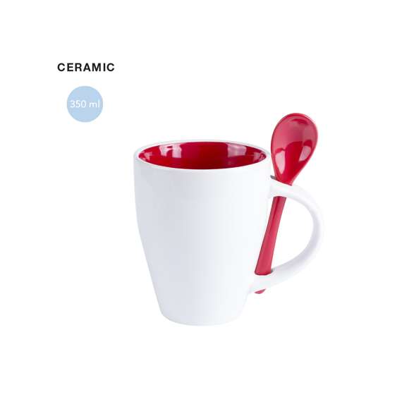 Taza de cerámica de 350ml de capacidad en divertida combinación de exterior en color blanco e interior en gama de vivos colores. Con cuchara de cerámica a juego integrada en asa y presentada en caja individual.Disponible manual de instrucciones en español e inglés.