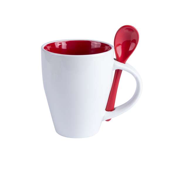 Taza de cerámica de 350ml de capacidad en divertida combinación de exterior en color blanco e interior en gama de vivos colores. Con cuchara de cerámica a juego integrada en asa y presentada en caja individual.Disponible manual de instrucciones en español e inglés.