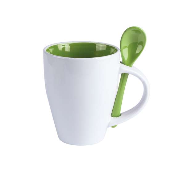 Taza de cerámica de 350ml de capacidad en divertida combinación de exterior en color blanco e interior en gama de vivos colores. Con cuchara de cerámica a juego integrada en asa y presentada en caja individual.Disponible manual de instrucciones en español e inglés.