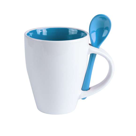 Taza de cerámica de 350ml de capacidad en divertida combinación de exterior en color blanco e interior en gama de vivos colores. Con cuchara de cerámica a juego integrada en asa y presentada en caja individual.Disponible manual de instrucciones en español e inglés.