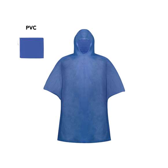 Poncho de PVC en vivos colores. Con corchetes de cierre en los laterales y acabado termosellado. Presentado en bolsa individual a juego con cierre de cordón. Talla única para adulto en medidas 127x100cm.