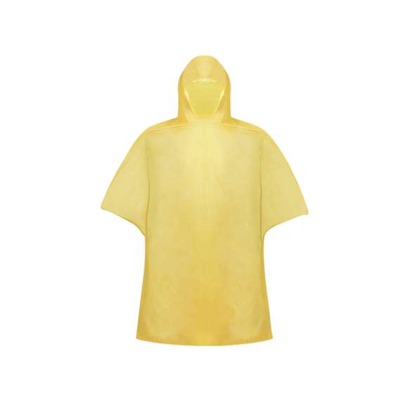 Poncho de PVC en vivos colores. Con corchetes de cierre en los laterales y acabado termosellado. Presentado en bolsa individual a juego con cierre de cordón. Talla única para adulto en medidas 127x100cm.
