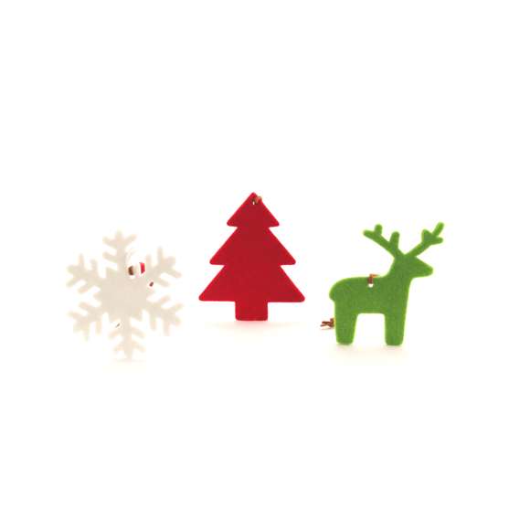 Figuras navideñas para colgar en suave fieltro. Disponibles en diseños copo de nieve, árbol de navidad y reno.