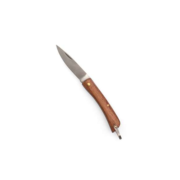 Navaja con hoja en acero inox y empuñadura en madera natural con accesorio de ajuste. Presentada en caja individual.