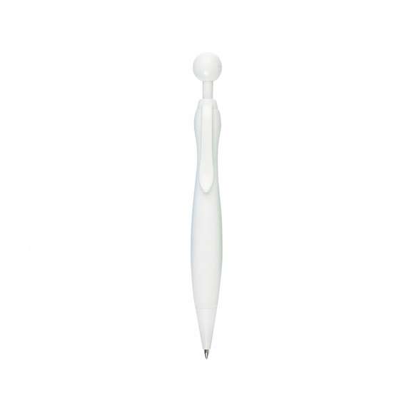 Bolígrafo de mecanismo pulsador de atrevido diseño bicolor con accesorios en color blanco sólido y cuerpo curvado de suave acabado en llamativos colores sólidos. Con original clip pulsador en forma de bola a juego. De cartucho jumbo y tinta azul.