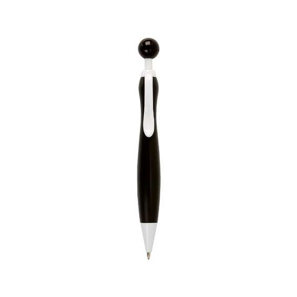 Bolígrafo de mecanismo pulsador de atrevido diseño bicolor con accesorios en color blanco sólido y cuerpo curvado de suave acabado en llamativos colores sólidos. Con original clip pulsador en forma de bola a juego. De cartucho jumbo y tinta azul.