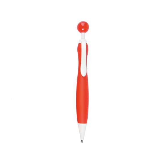 Bolígrafo de mecanismo pulsador de atrevido diseño bicolor con accesorios en color blanco sólido y cuerpo curvado de suave acabado en llamativos colores sólidos. Con original clip pulsador en forma de bola a juego. De cartucho jumbo y tinta azul.