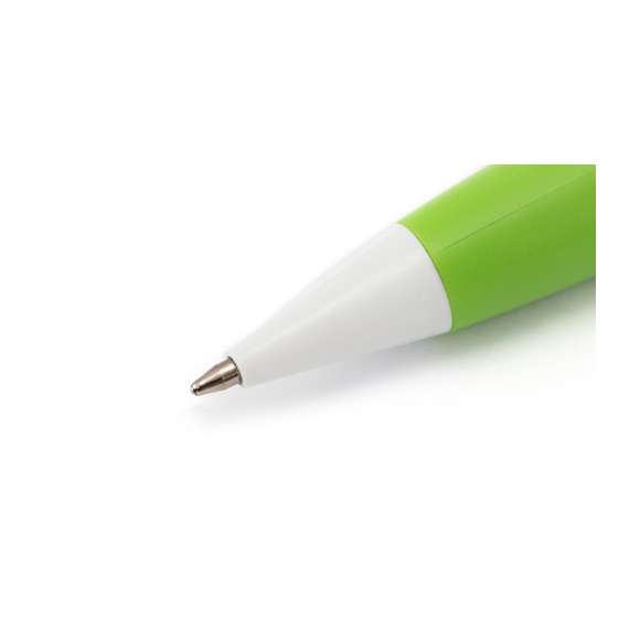 Bolígrafo de mecanismo pulsador de atrevido diseño bicolor con accesorios en color blanco sólido y cuerpo curvado de suave acabado en llamativos colores sólidos. Con original clip pulsador en forma de bola a juego. De cartucho jumbo y tinta azul.