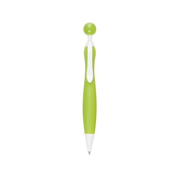 Bolígrafo de mecanismo pulsador de atrevido diseño bicolor con accesorios en color blanco sólido y cuerpo curvado de suave acabado en llamativos colores sólidos. Con original clip pulsador en forma de bola a juego. De cartucho jumbo y tinta azul.