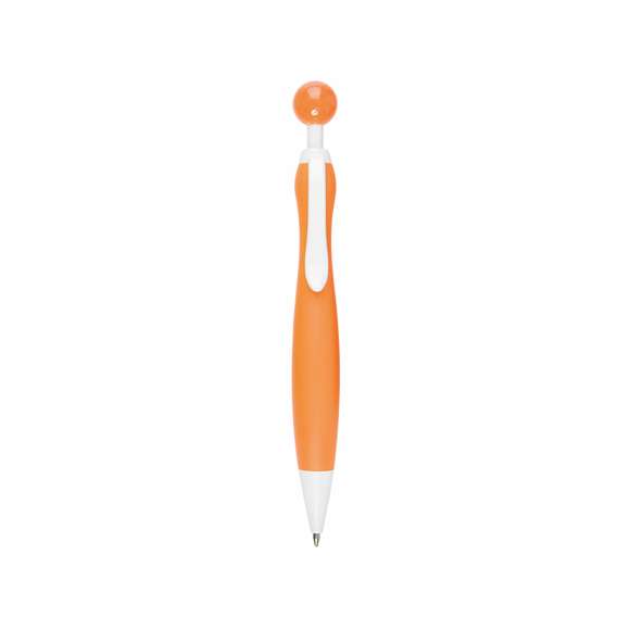 Bolígrafo de mecanismo pulsador de atrevido diseño bicolor con accesorios en color blanco sólido y cuerpo curvado de suave acabado en llamativos colores sólidos. Con original clip pulsador en forma de bola a juego. De cartucho jumbo y tinta azul.