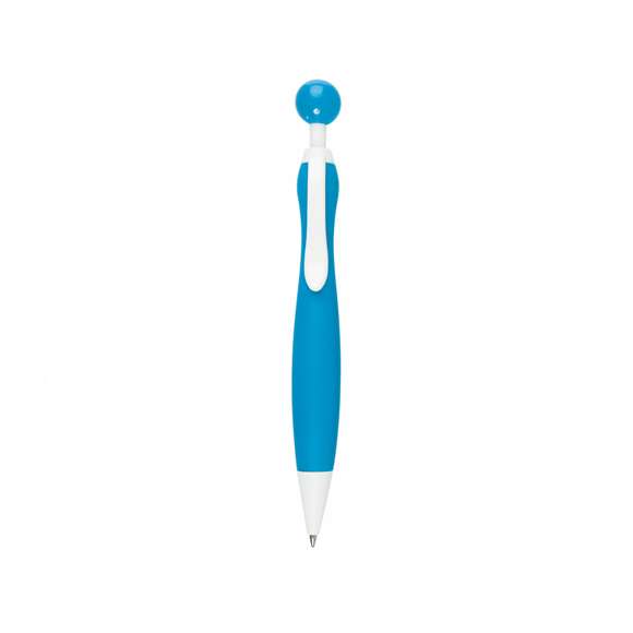 Bolígrafo de mecanismo pulsador de atrevido diseño bicolor con accesorios en color blanco sólido y cuerpo curvado de suave acabado en llamativos colores sólidos. Con original clip pulsador en forma de bola a juego. De cartucho jumbo y tinta azul.