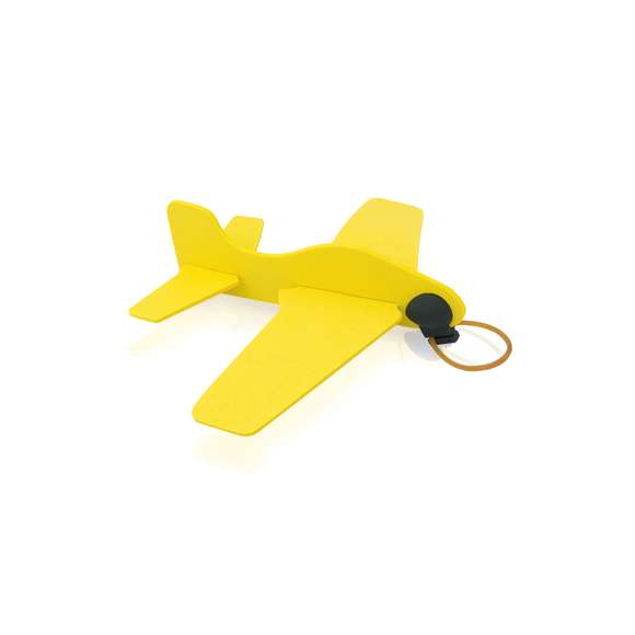 Avioneta desmontable con cuerpo en suave EVA de vivos colores y elástico de lanzamiento. Presentada en pastilla plana para fácil marcaje.