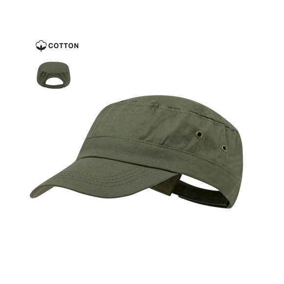 Gorra tipo militar en material 100% algodón peinado y sobrios colores. Con orificios de ventilación laterales reforzados con argolla metálicas y cierre ajustable de velcro.