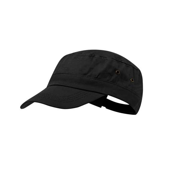 Gorra tipo militar en material 100% algodón peinado y sobrios colores. Con orificios de ventilación laterales reforzados con argolla metálicas y cierre ajustable de velcro.