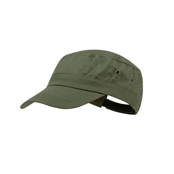 Gorra tipo militar en material 100% algodón peinado y sobrios colores. Con orificios de ventilación laterales reforzados con argolla metálicas y cierre ajustable de velcro.