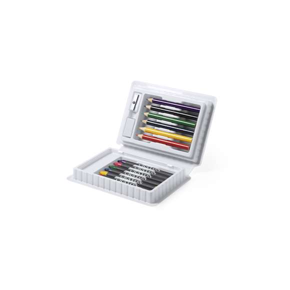 	Set de 14 piezas en estuche con resistente cuerpo acabado en brillantes colores e interior con compartimentos de seguridad. Contiene goma, sacapuntas, ceras y lápices de madera de cuerpo cilíndrico en variados colores.