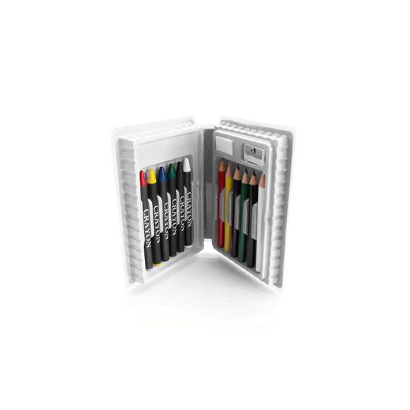  	Set de 14 piezas en estuche con resistente cuerpo acabado en brillantes colores e interior con compartimentos de seguridad. Contiene goma, sacapuntas, ceras y lápices de madera de cuerpo cilíndrico en variados colores.