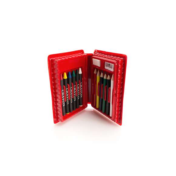  	Set de 14 piezas en estuche con resistente cuerpo acabado en brillantes colores e interior con compartimentos de seguridad. Contiene goma, sacapuntas, ceras y lápices de madera de cuerpo cilíndrico en variados colores.
