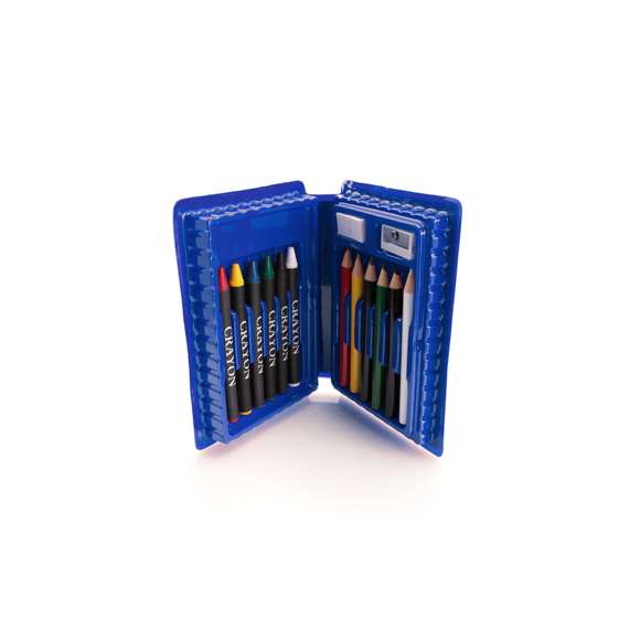  	Set de 14 piezas en estuche con resistente cuerpo acabado en brillantes colores e interior con compartimentos de seguridad. Contiene goma, sacapuntas, ceras y lápices de madera de cuerpo cilíndrico en variados colores.