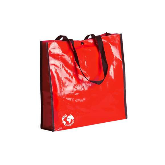 Bolsa reutilizable en resistente material laminado. Con asas largas reforzadas en nylon de 70cm, fuelle reforzado con ribetes y cierre de corchete. De acabado cosido y resistencia hasta 12kg de peso. Disponible en gama de colores brillantes.