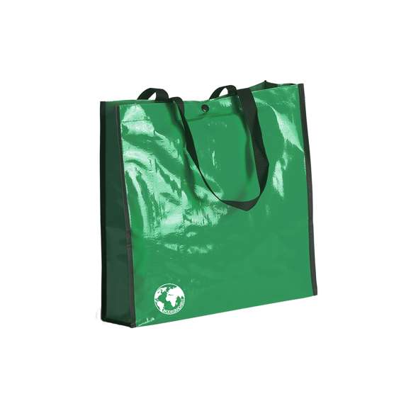 Bolsa reutilizable en resistente material laminado. Con asas largas reforzadas en nylon de 70cm, fuelle reforzado con ribetes y cierre de corchete. De acabado cosido y resistencia hasta 12kg de peso. Disponible en gama de colores brillantes.