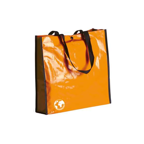 Bolsa reutilizable en resistente material laminado. Con asas largas reforzadas en nylon de 70cm, fuelle reforzado con ribetes y cierre de corchete. De acabado cosido y resistencia hasta 12kg de peso. Disponible en gama de colores brillantes.