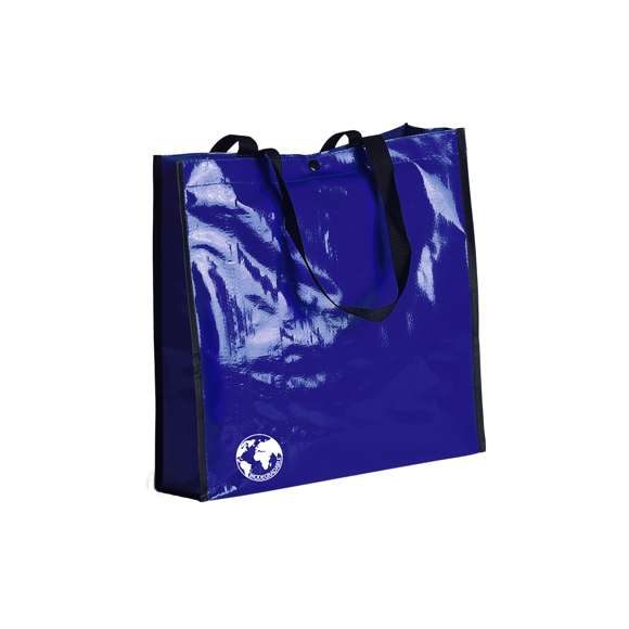 Bolsa reutilizable en resistente material laminado. Con asas largas reforzadas en nylon de 70cm, fuelle reforzado con ribetes y cierre de corchete. De acabado cosido y resistencia hasta 12kg de peso. Disponible en gama de colores brillantes.