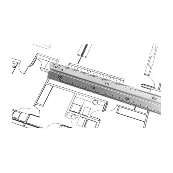 Escalímetro de aluminio en diseño triangular de 30cm. Escalas 1:20/1:25/1:50/1:75/1:100. Con cara lisa para marcaje. Presentado en caja individual.