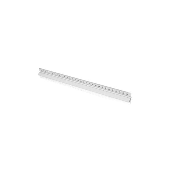 Escalímetro de aluminio en diseño triangular de 30cm. Escalas 1:20/1:25/1:50/1:75/1:100. Con cara lisa para marcaje. Presentado en caja individual.