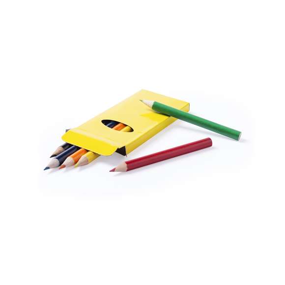  	Set de 6 lápices en caja de cartón con acabado brillante en vivos colores y ventana. Lápices de madera con cuerpo cilíndrico en variados colores brillantes y minas en divertidos colores.