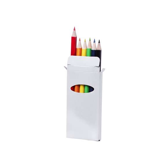  	Set de 6 lápices en caja de cartón con acabado brillante en vivos colores y ventana. Lápices de madera con cuerpo cilíndrico en variados colores brillantes y minas en divertidos colores.