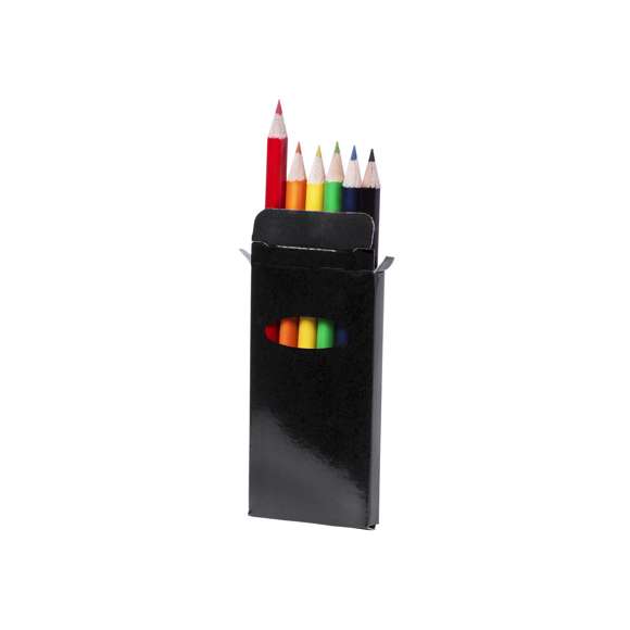 	Set de 6 lápices en caja de cartón con acabado brillante en vivos colores y ventana. Lápices de madera con cuerpo cilíndrico en variados colores brillantes y minas en divertidos colores.