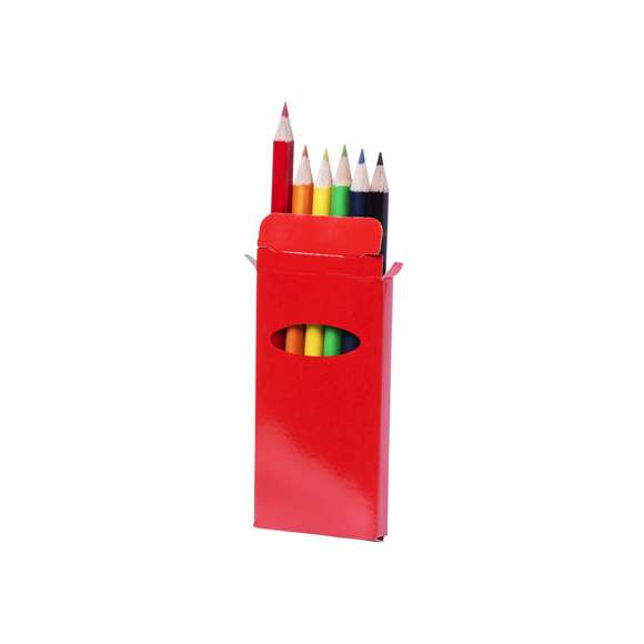  	Set de 6 lápices en caja de cartón con acabado brillante en vivos colores y ventana. Lápices de madera con cuerpo cilíndrico en variados colores brillantes y minas en divertidos colores.