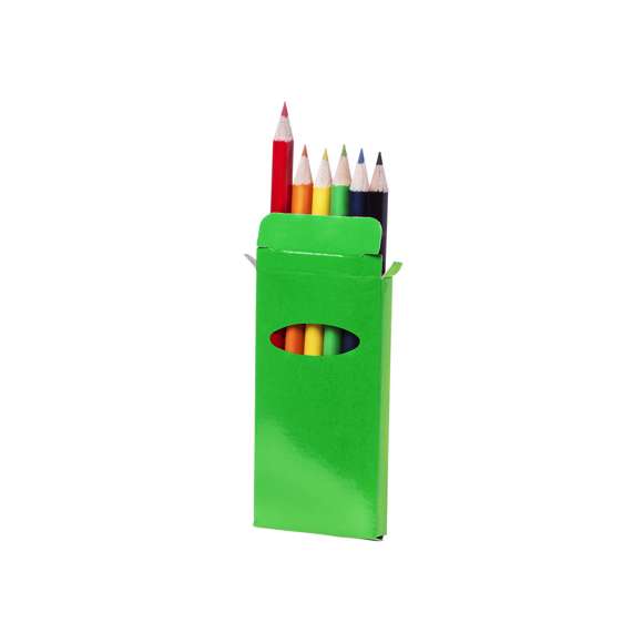  	Set de 6 lápices en caja de cartón con acabado brillante en vivos colores y ventana. Lápices de madera con cuerpo cilíndrico en variados colores brillantes y minas en divertidos colores.
