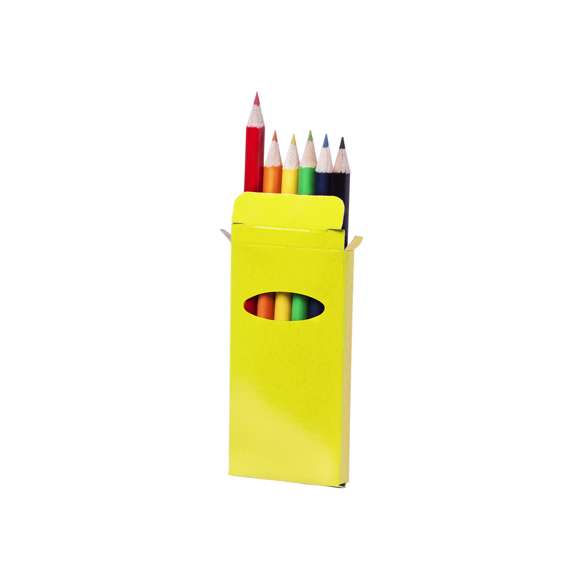  	Set de 6 lápices en caja de cartón con acabado brillante en vivos colores y ventana. Lápices de madera con cuerpo cilíndrico en variados colores brillantes y minas en divertidos colores.
