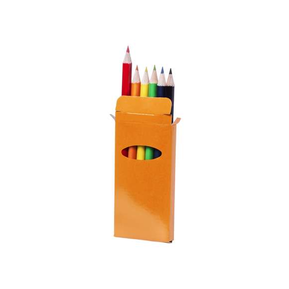  	Set de 6 lápices en caja de cartón con acabado brillante en vivos colores y ventana. Lápices de madera con cuerpo cilíndrico en variados colores brillantes y minas en divertidos colores.