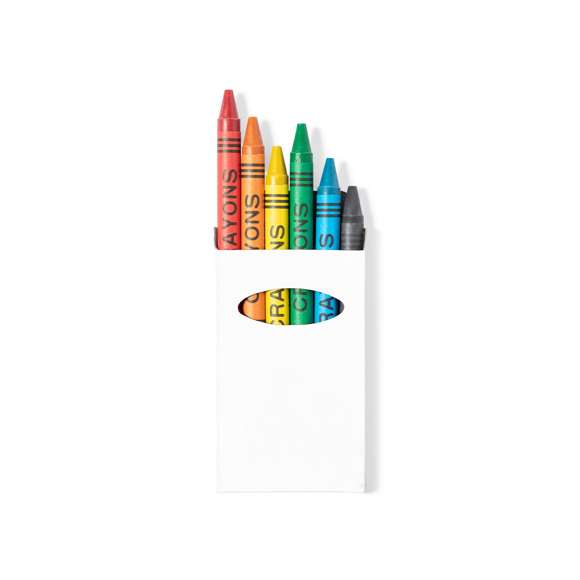  	Set de 6 ceras en caja de cartón con acabado brillante en vivos colores y ventana. Con cuerpo cilíndrico en variados colores. En colores rojo, verde, amarillo, azul, negro, y naranja.