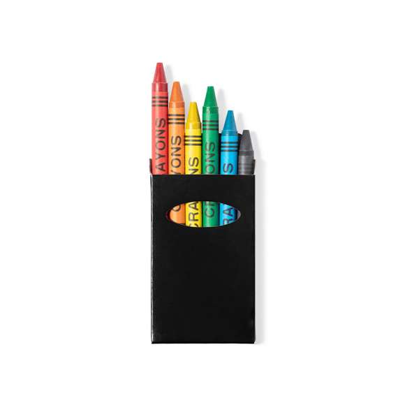  	Set de 6 ceras en caja de cartón con acabado brillante en vivos colores y ventana. Con cuerpo cilíndrico en variados colores. En colores rojo, verde, amarillo, azul, negro, y naranja.