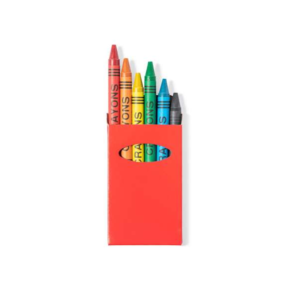  	Set de 6 ceras en caja de cartón con acabado brillante en vivos colores y ventana. Con cuerpo cilíndrico en variados colores. En colores rojo, verde, amarillo, azul, negro, y naranja.
