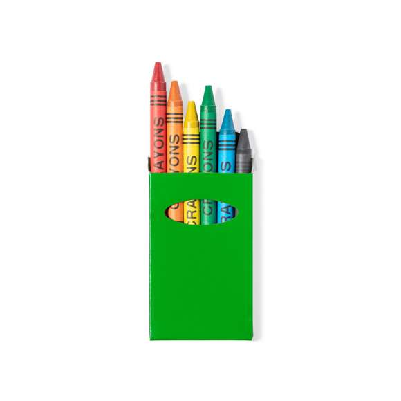  	Set de 6 ceras en caja de cartón con acabado brillante en vivos colores y ventana. Con cuerpo cilíndrico en variados colores. En colores rojo, verde, amarillo, azul, negro, y naranja.
