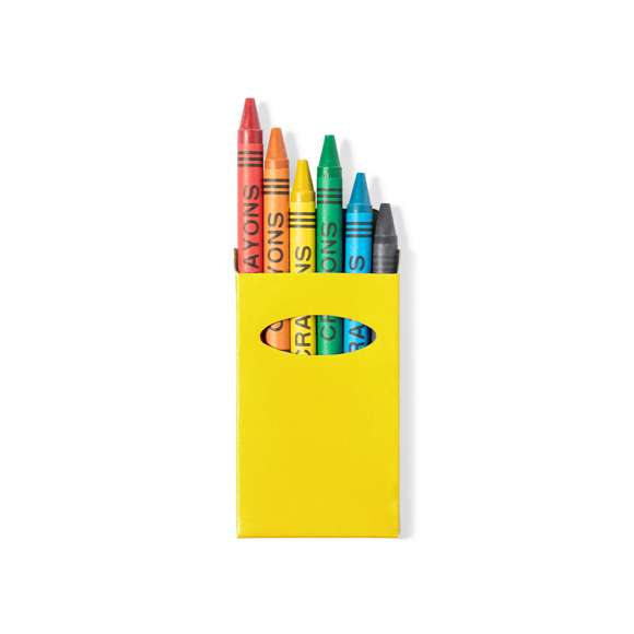  	Set de 6 ceras en caja de cartón con acabado brillante en vivos colores y ventana. Con cuerpo cilíndrico en variados colores. En colores rojo, verde, amarillo, azul, negro, y naranja.