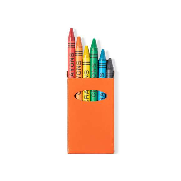  	Set de 6 ceras en caja de cartón con acabado brillante en vivos colores y ventana. Con cuerpo cilíndrico en variados colores. En colores rojo, verde, amarillo, azul, negro, y naranja.
