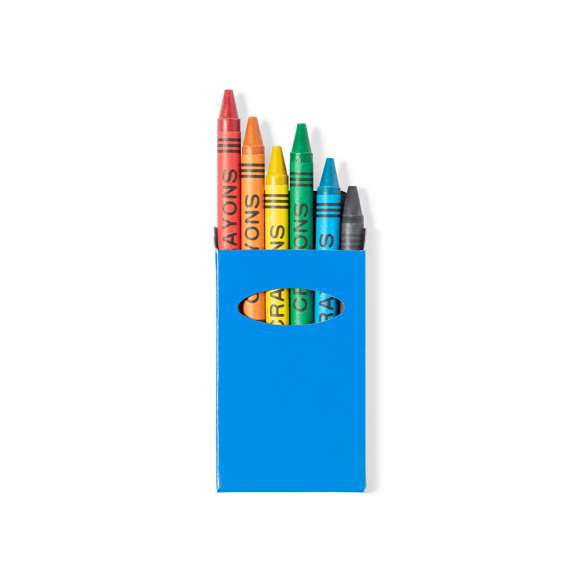 	Set de 6 ceras en caja de cartón con acabado brillante en vivos colores y ventana. Con cuerpo cilíndrico en variados colores. En colores rojo, verde, amarillo, azul, negro, y naranja.