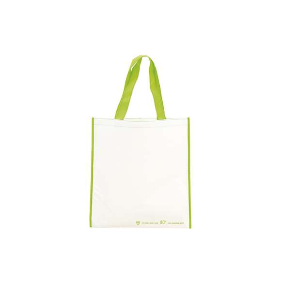 Bolsa en resistente material PET reciclado en variada gama de vivos colores brillantes. Con asas largas de 60cm en verde y reforzadas en nylon. Fuelle en verde reforzado con ribetes. De acabado cosido y resistencia hasta 12kg de peso.